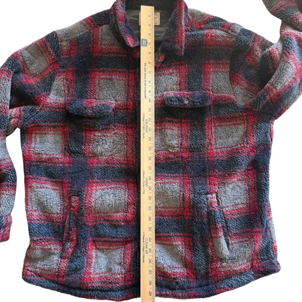 Flag & Anthem Men's XL Red/Navy/Gray Fleece Plaid Button Heavy Flannel Jacket